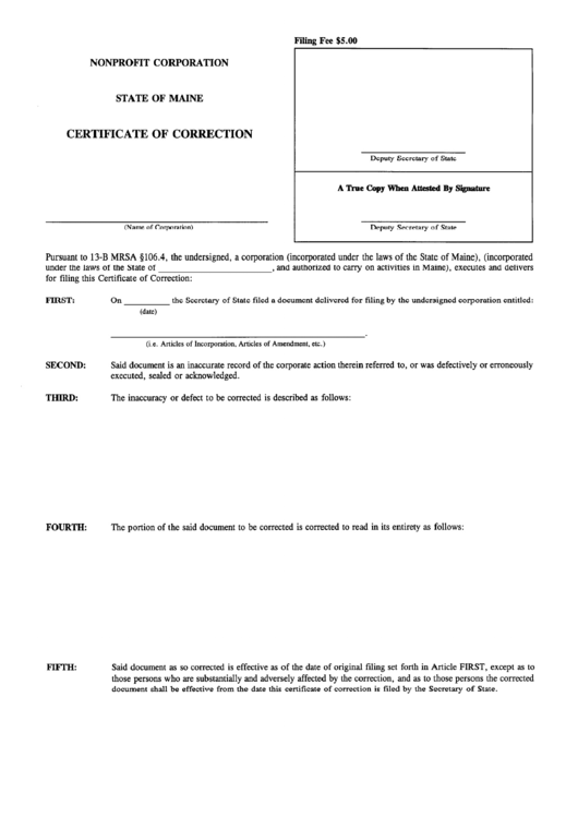 Form Mnpca-12 - Certificate Of Correction - Maine Secretary Of State Printable pdf
