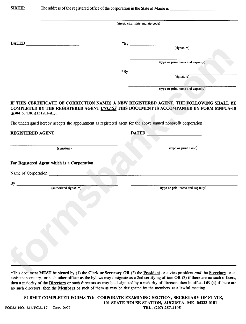 Form Mnpca-12 - Certificate Of Correction - Maine Secretary Of State