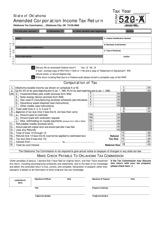 Form 512-X - Amended Corporation Income Tax Return - 2002 Printable pdf