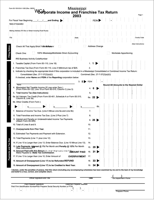 Form 83-105-03-8-1-000 - Corporate Income And Franchise Tax Return - 2003 Printable pdf
