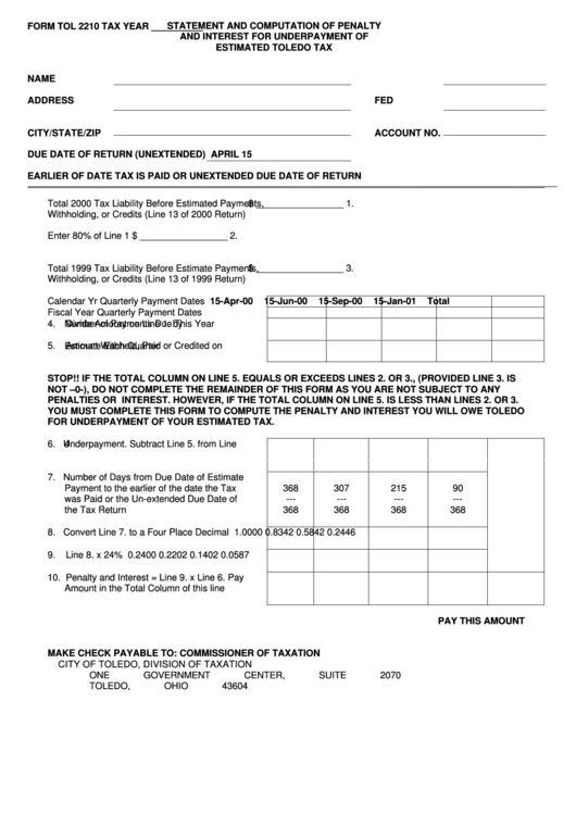 Form Tol 2210 - Statement And Computation Of Penalty And Interest For Underpayment Of Estimated Toledo Tax Printable pdf