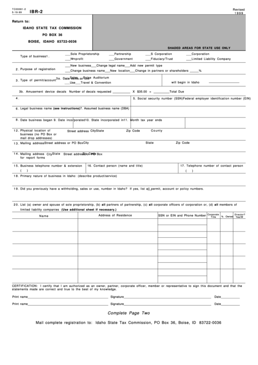 Form Ibr-2 - Idaho Business Registration Printable pdf