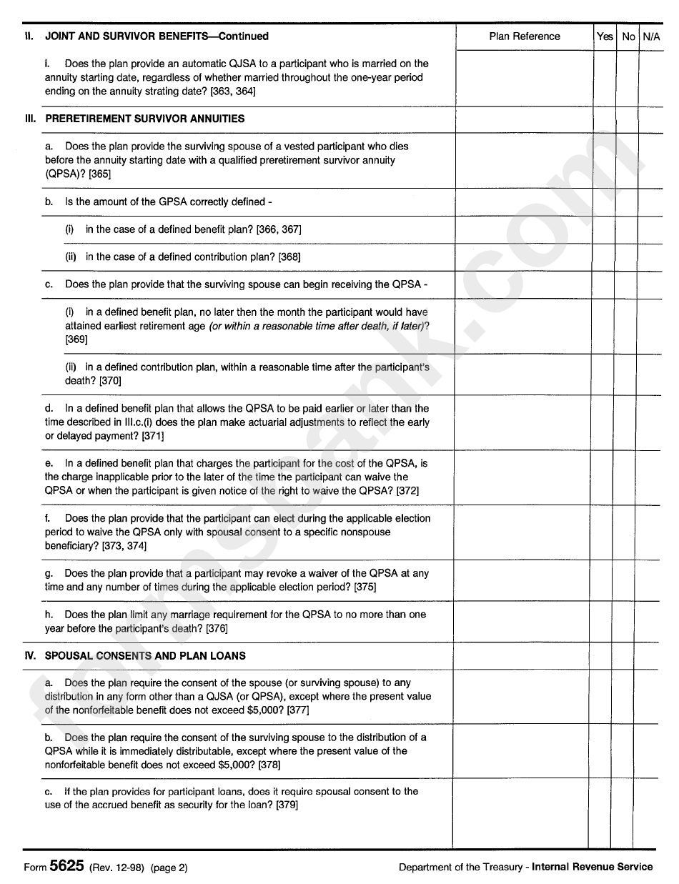 Form 5625 - Employee Benefit Plan Joint And Survivor (Worksheet Number 3 - Determination Of Qualification )
