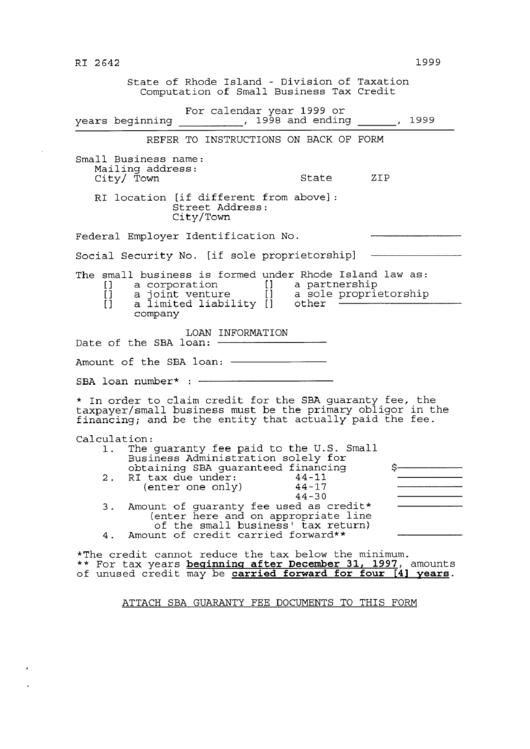 Form Ri 2642 - Computation Of Small Business Tax Credit - 1999 Printable pdf