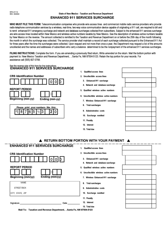 Form Rpd-41114 - Enhanced 911 Services Surcharge Printable pdf