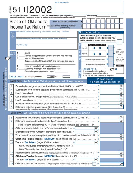 Form 511 - State Of Oklahoma Income Tax Return - 2002 Printable pdf