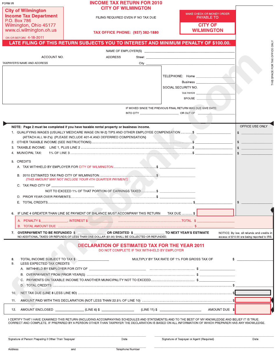 Form Ir - Income Tax Return For 2010