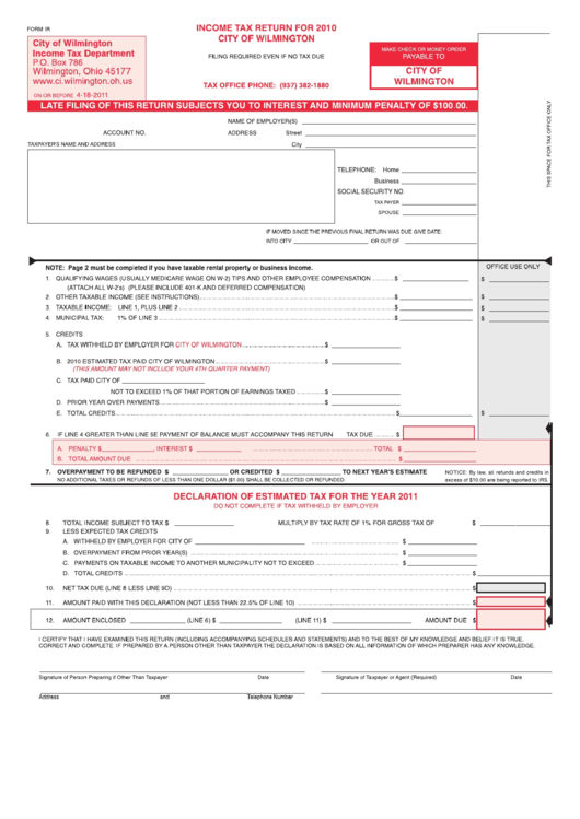 Form Ir - Income Tax Return For 2010 Printable pdf