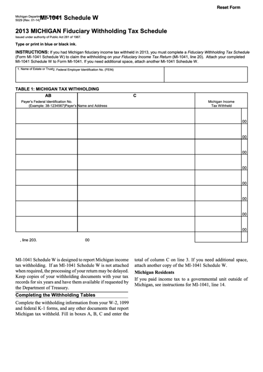 Fillable Form 5029 - Mi-1041 Schedule W - 2013 Michigan Fiduciary Withholding Tax Schedule Printable pdf