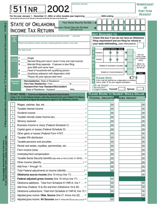 Form 511nr - State Of Oklahoma Income Tax Return - 2002 Printable pdf
