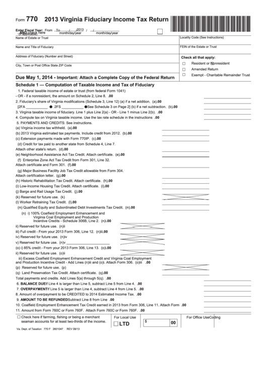Form 770 - Virginia Fiduciary Income Tax Return - 2013 Printable pdf