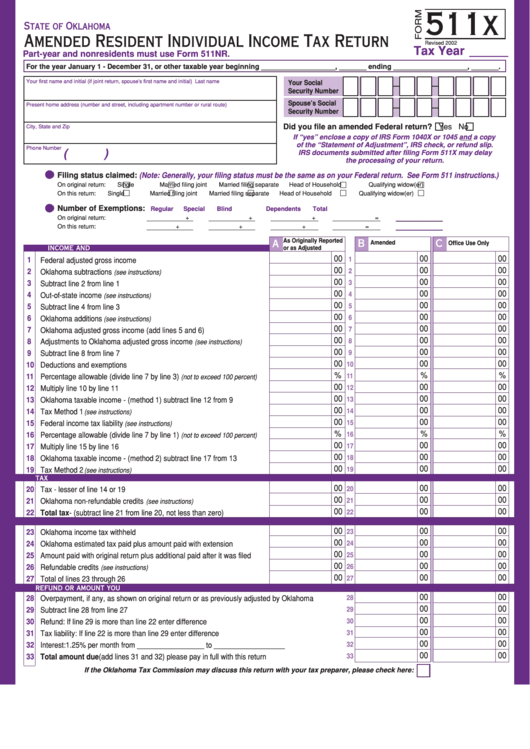 Form 511x - Amended Resident Individual Income Tax Return Printable pdf