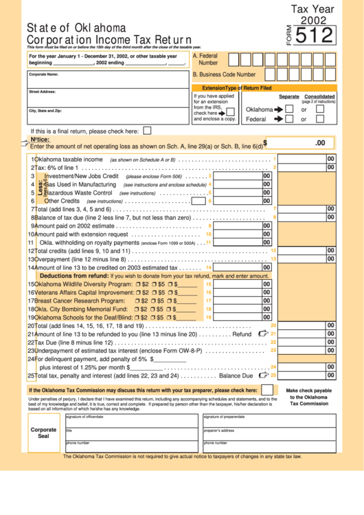 Form 512 - Corporation Income Tax Return - 2002 Printable pdf