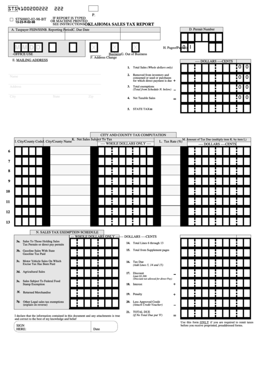 Oklahoma Sales Tax Report - Oklahoma Tax Commission - 1998 Printable pdf