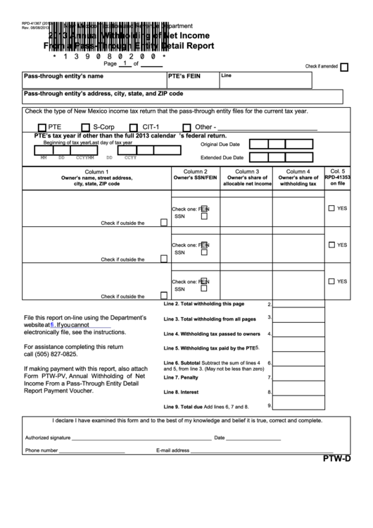 Form Rpd-41367 - Annual Withholding Of Net Income From A Pass-Through Entity Detail Report - 2013 Printable pdf