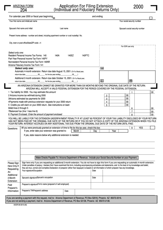 Form 204 - Application For Filing Extension (Individual And Fiduciary Returns Only) - 2000 Printable pdf