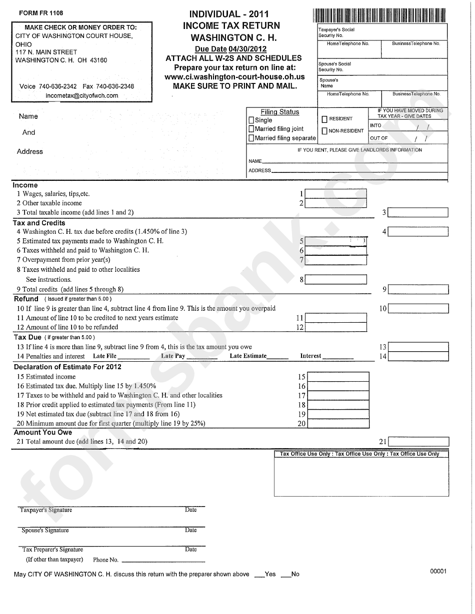 Form Fr 1108 - Individual 2011 Income Tax Return