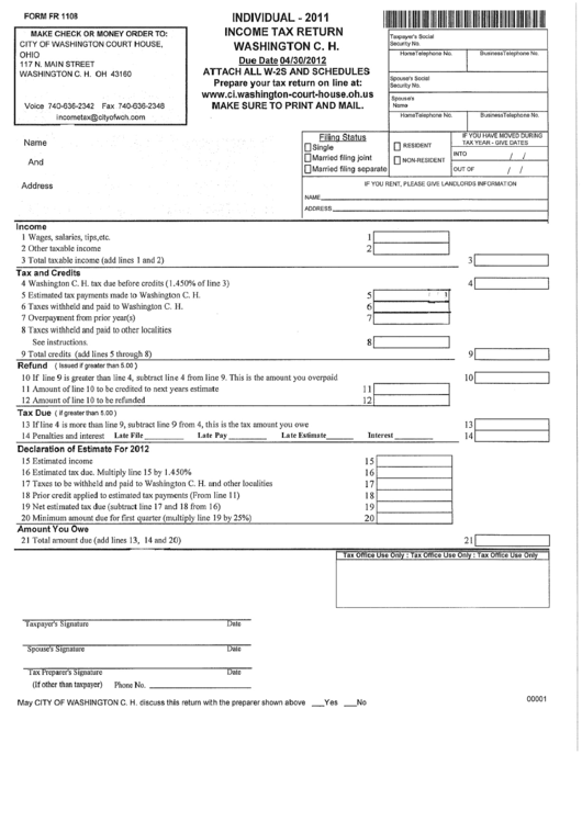 Form Fr 1108 - Individual 2011 Income Tax Return Printable pdf