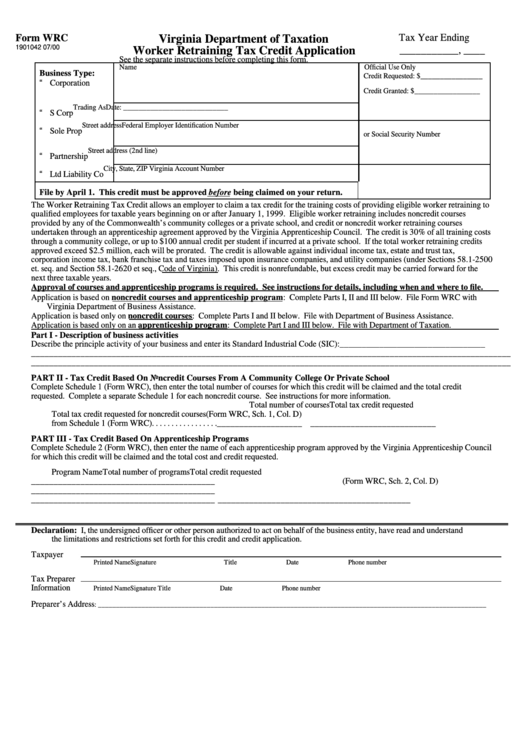 Form Wrc - Virginia Department Of Taxation Worker Retraining Tax Credit Application Printable pdf