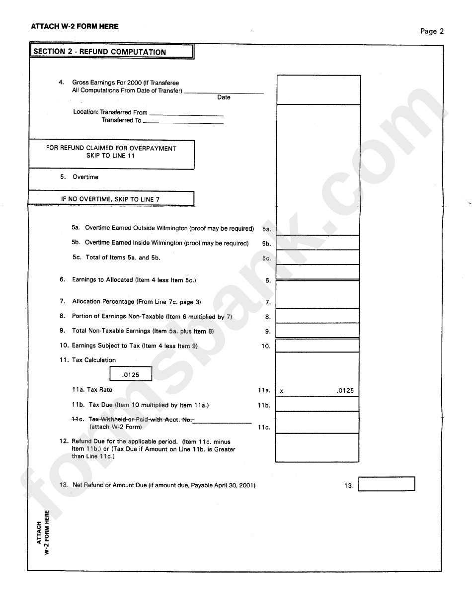Form 2000 Wcwt-5 - Application For Refund Of Wilmington