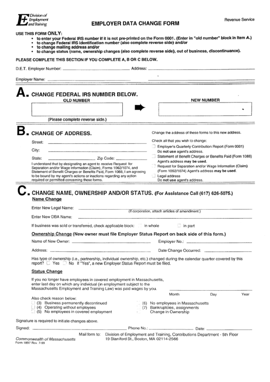 Employer Data Change Form - State Of Massachusetts Printable pdf