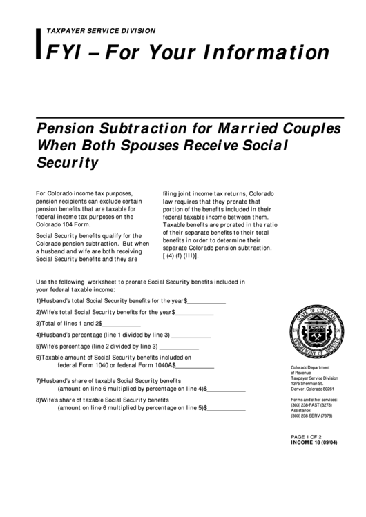 Form Income 18 - Pension Subtraction For Married Couples When Both Spouses Receive Social Security Printable pdf