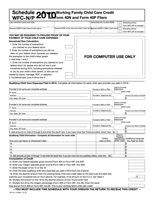 Fillable Form 150-101-170 - Schedule Wfc-N/p - Oregon Working Family Child Care Credit For Form 40n And Form 40p Filers - 2010 Printable pdf