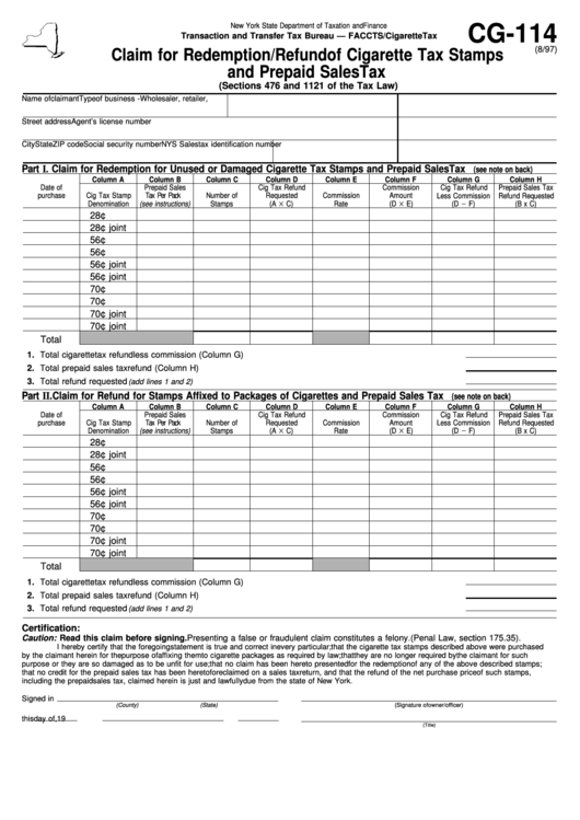 Fillable Form Cg-114 - Claim For Redemption/refund Of Cigarette Tax Stamps And Prepaid Sales Tax Printable pdf