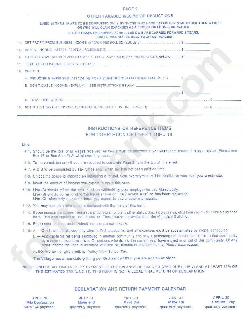 Income Tax Worksheet For Line 6c Of Tax Return - Village Of Germantown