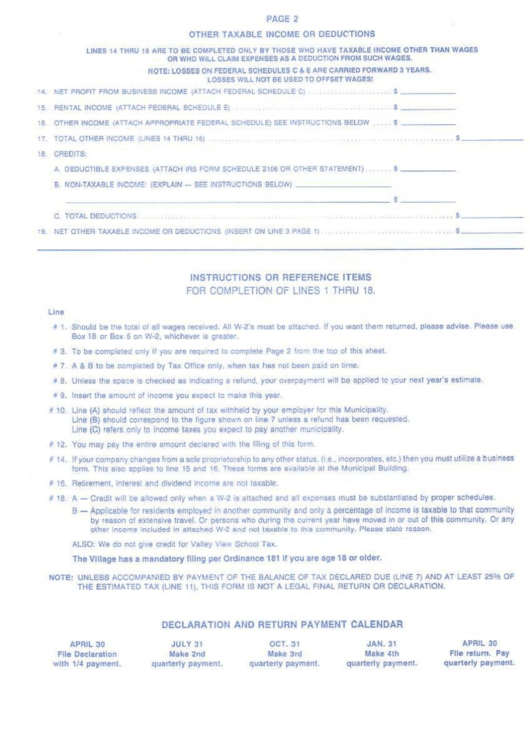 Income Tax Worksheet For Line 6c Of Tax Return - Village Of Germantown Printable pdf