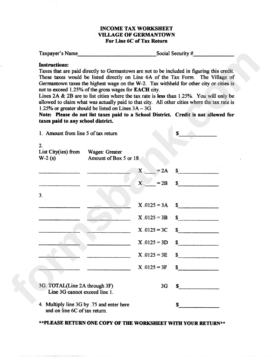 Income Tax Worksheet For Line 6c Of Tax Return - Village Of Germantown