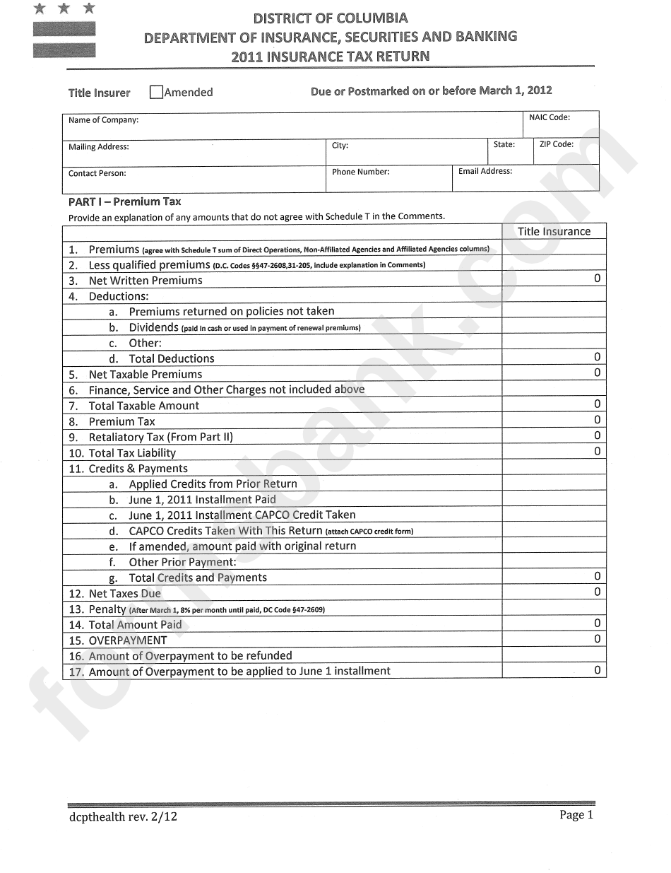 Insurance Tax Return Form - Title Insurer - Distirct Of Columbia Department Of Insurance,securities And Banking - 2011