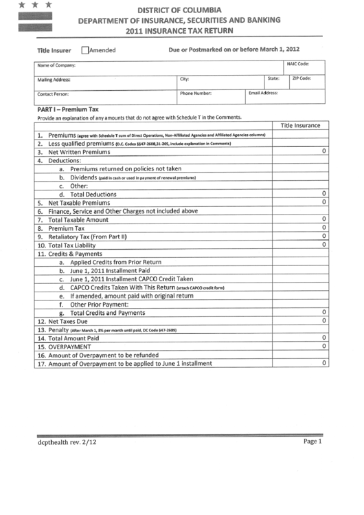 Insurance Tax Return Form - Title Insurer - Distirct Of Columbia Department Of Insurance,securities And Banking - 2011
