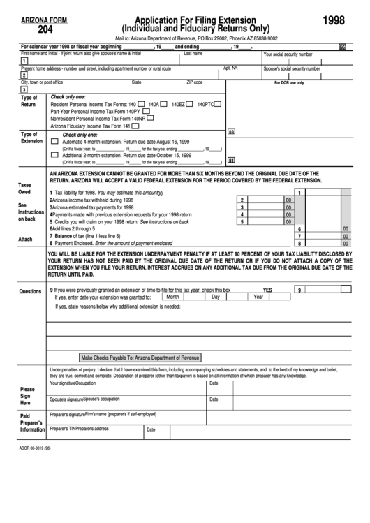 Fillable Form 204 - Application For Filing Extension (Individual And Fiduciary Returns Only) (1998) Printable pdf