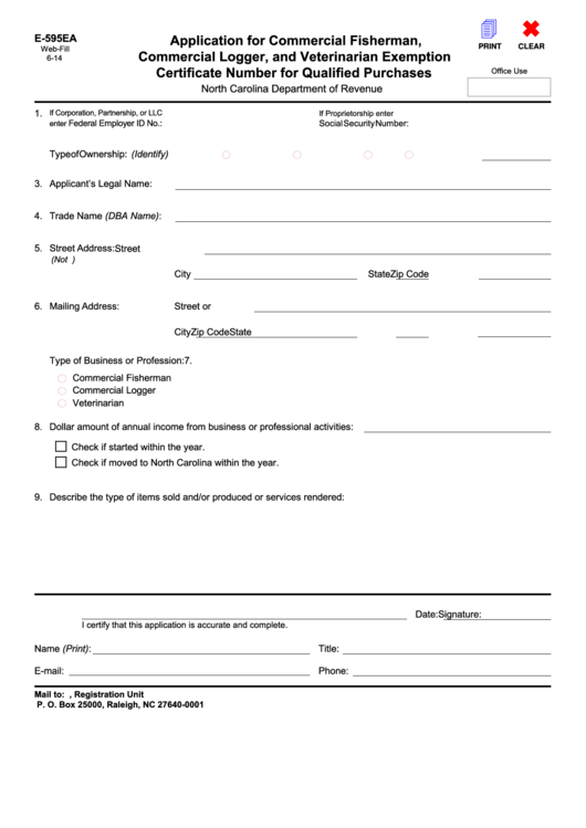 Fillable Form E-595ea - Application For Commercial Fisherman, Commercial Logger, And Veterinarian Exemption Certificate Number For Qualified Purchases - 2014 Printable pdf