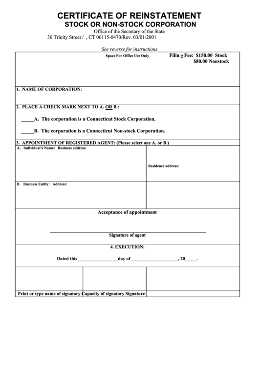 Certificate Of Reinstatement Form - Stock Or Non-Stock Corporation - 2001 Printable pdf