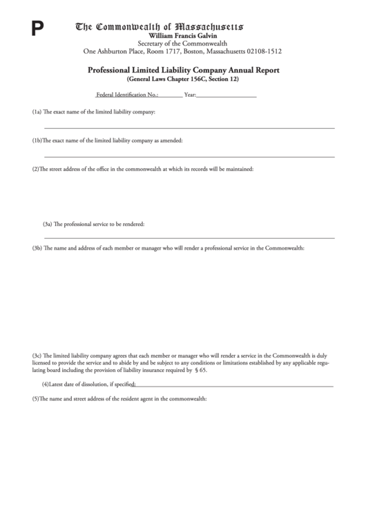 Fillable Professional Limited Liability Company Annual Report Form - The Commonwealth Of Massachusetts Printable pdf