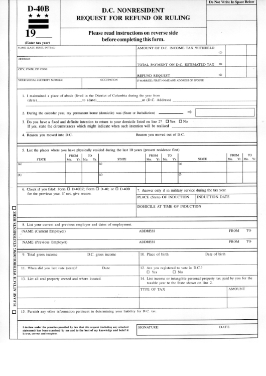 Fillable Form D-40b - Nonresident Request For Refund Or Ruling - Columbia Department Of Revenue Printable pdf