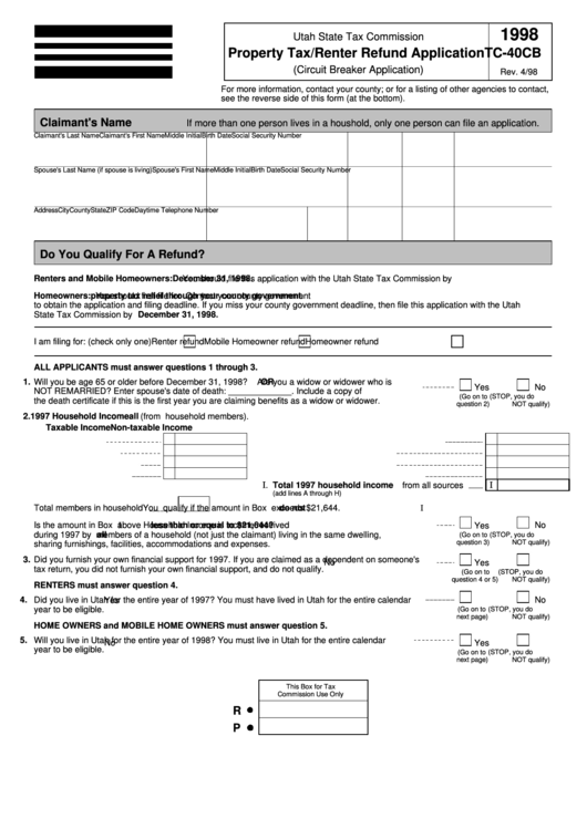 Fillable Form Tc-40cb - Property Tax/renter Refund Application - Utah Tax Comission, 1998 Printable pdf