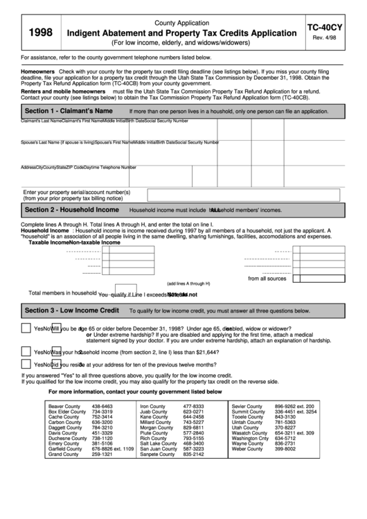 Fillable Form Tc-40cy - Indigent Abatement And Property Tax Credits Applications - Utah Department Of Revenue, 1998 Printable pdf