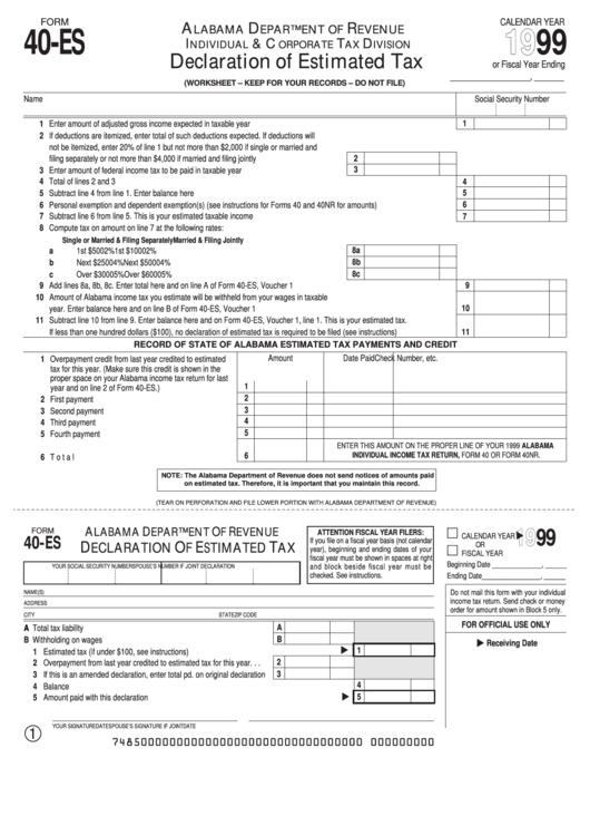 Fillable Form 40-Es - Declaration Of Estimated Tax - 1999 Printable pdf