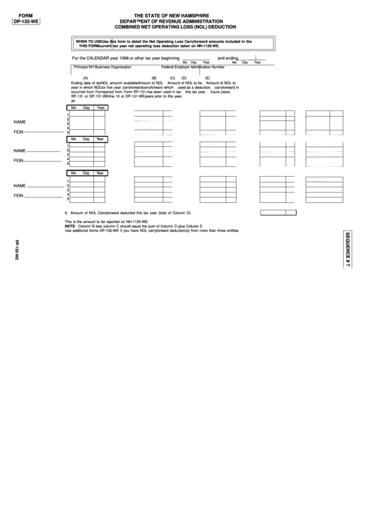 Fillable Form Dp-132-We - Combined Net Operating Loss (Nol) Deduction Form Printable pdf