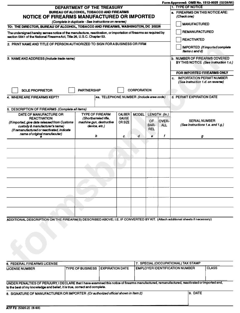 Form Atf (5320.20) - Notice Of Firearms Manufactured Or Imported