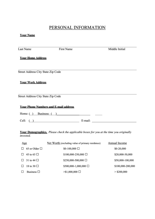 Fillable Personal Information Form - Utah Division Of Securities Printable pdf