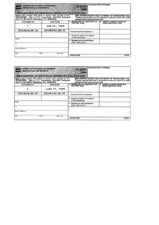 Fillable Form D-40es - Declaration Of Individual Estimated Tax Voucher - District Of Columbia Office Of Tax And Revenue, 1999 Printable pdf