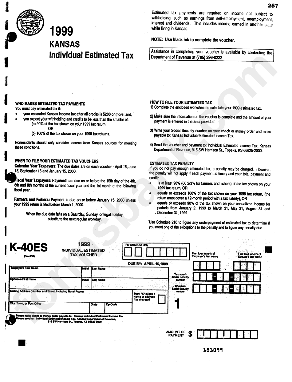 Fillable Form K40es Individual Estimated Tax Kansas Department Of