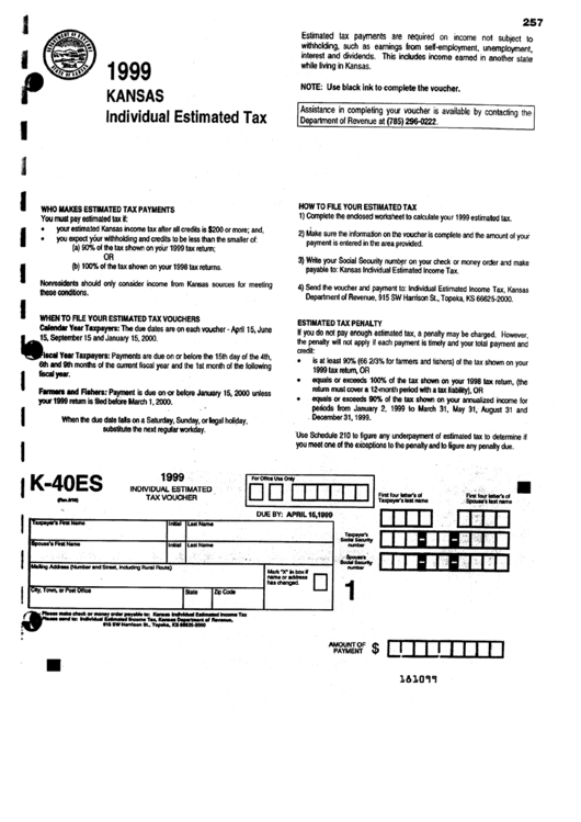 Fillable Form K-40es - Individual Estimated Tax - Kansas Department Of Revenue, 1999 Printable pdf