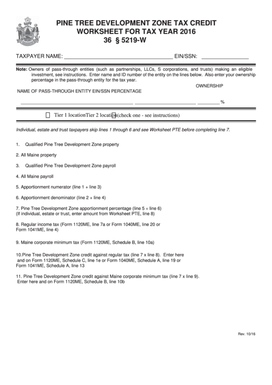 Pine Tree Development Zone Tax Credit Worksheet For Tax Year 2016 - Maine Department Of Revenue Printable pdf