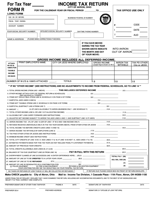 Fillable Form R - Income Tax Return - City Of Akron printable pdf download