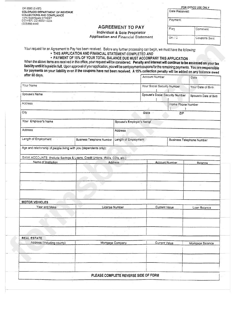 Form Dr 6590 - Individual And Sole Proprietor Application And Financial Statement - Agreement To Pay